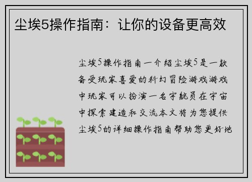 尘埃5操作指南：让你的设备更高效