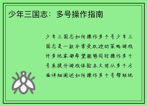 少年三国志：多号操作指南
