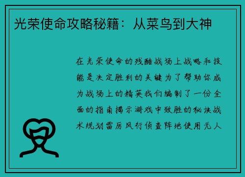 光荣使命攻略秘籍：从菜鸟到大神